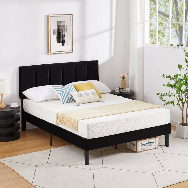 Upholstered Velvet Upholstered Bed Frame with Adjustable Height Headboard No Box Spring Needed Platform Bed Under Bed Storage