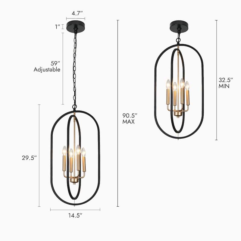 Modern 4-Light Black Gold Metal Chandelier Geometric Candle Pendant Light for Dining Room - 14.5" L x 11" W x 29.5" H