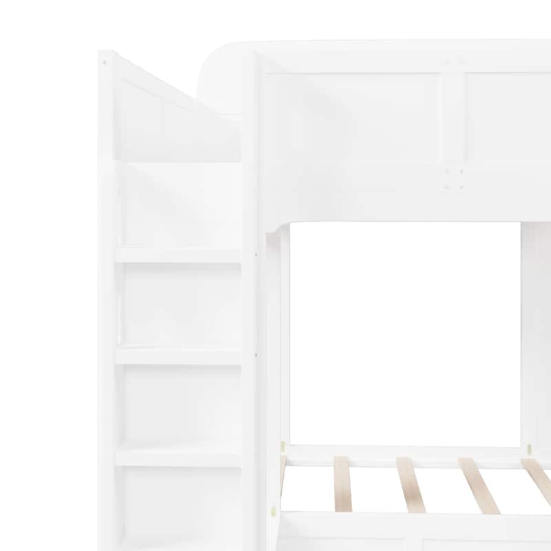 Triple Bunk Bed with Storage Shelves & Hooks, Twin + Twin over Twin XL, Space-Saving Design