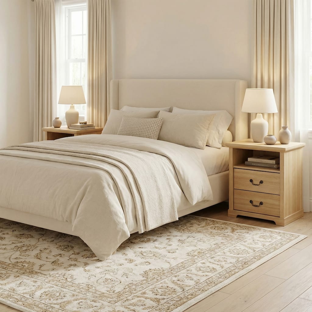 Set of 2 Beige Wood Transitional Nightstands with Open Shelf and 2 Drawers