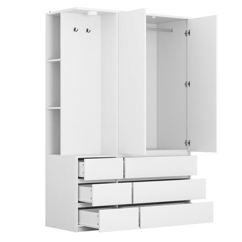 6 Drawers Armoire Wooden Bedroom Wardrobe Closet with Mirrored Door, Storage Shelves and Hanging Rail