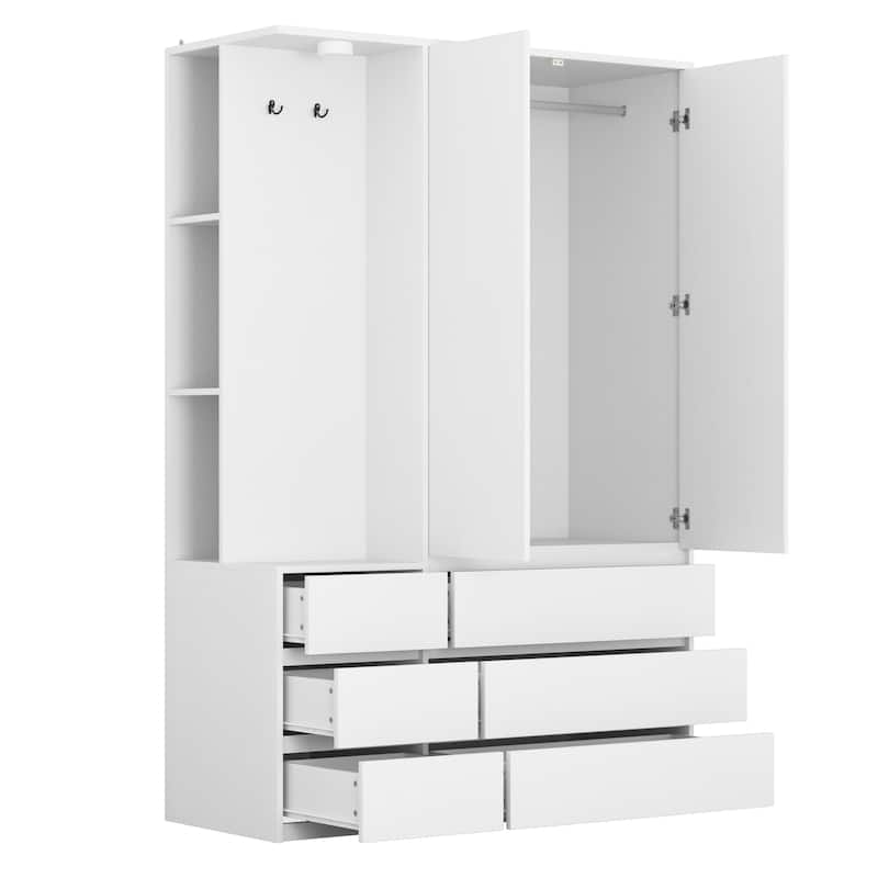 71.7" H Modern Wardrobe Closet with 2 Doors & 6 Drawers, Wooden Clothing Storage Cabinet with Hanging Rail