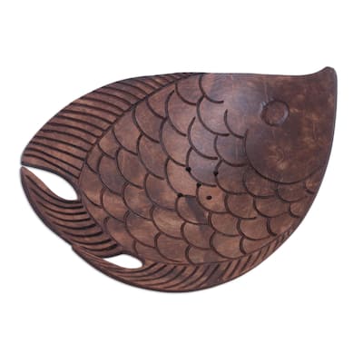 Novica Handmade Fabulous Fish Coconut Shell Soap Dish - Brown