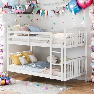 Low Bunk Design Twin Over Twin Bunk Bed with Ladder, White