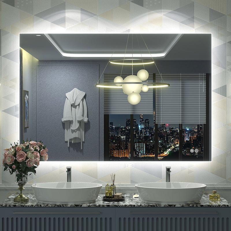 Frameless Anti-Fog 3 Colors Dimmable LED Backlit Wall Bathroom Vanity Mirror - 48" x 32"-Rectangular