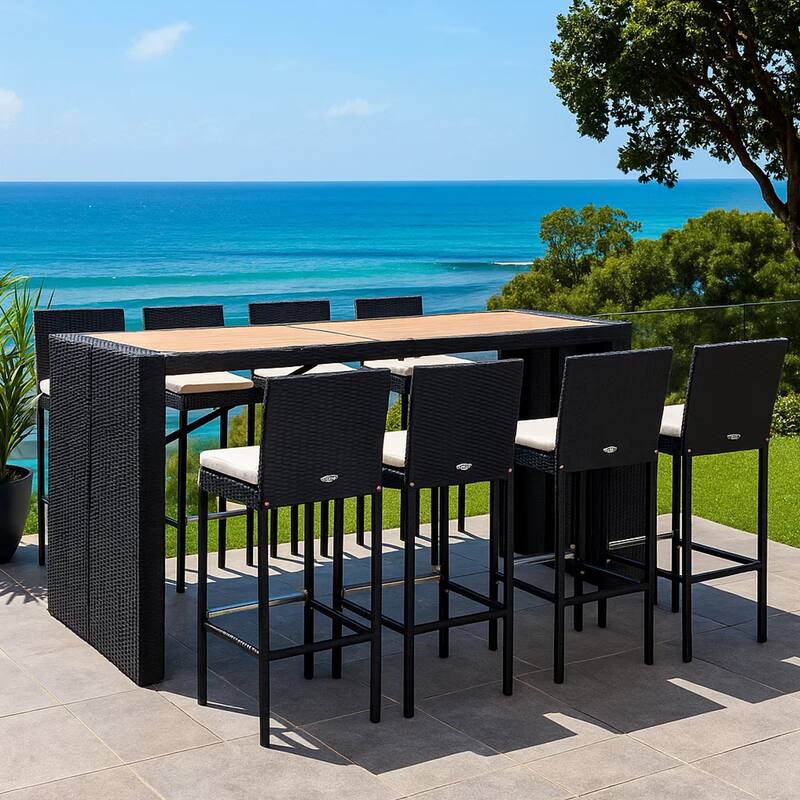 9pc Outdoor Bar Table Set with 8 Chairs Black Poly Rattan, Acacia Wood