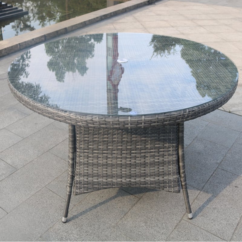 All-Weather Aluminum Woven Rattan Round Dining Table with Umbrella Hole and Tempered Glass Top - Grey