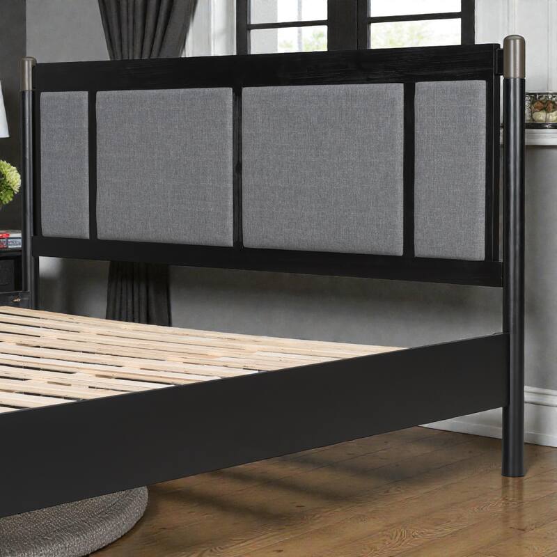 Solid Wood Platform Bed with Upholstered Headboard and Metal Handles, Heavy Duty 500 lbs Support, No Box Spring