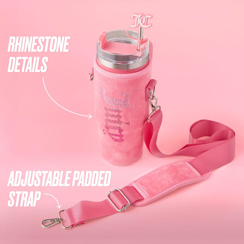 Juicy Couture Jetsetter Hydration Stainless Steel Tumbler with Handle, Straw & Topper with Velour Crossbody Pouch