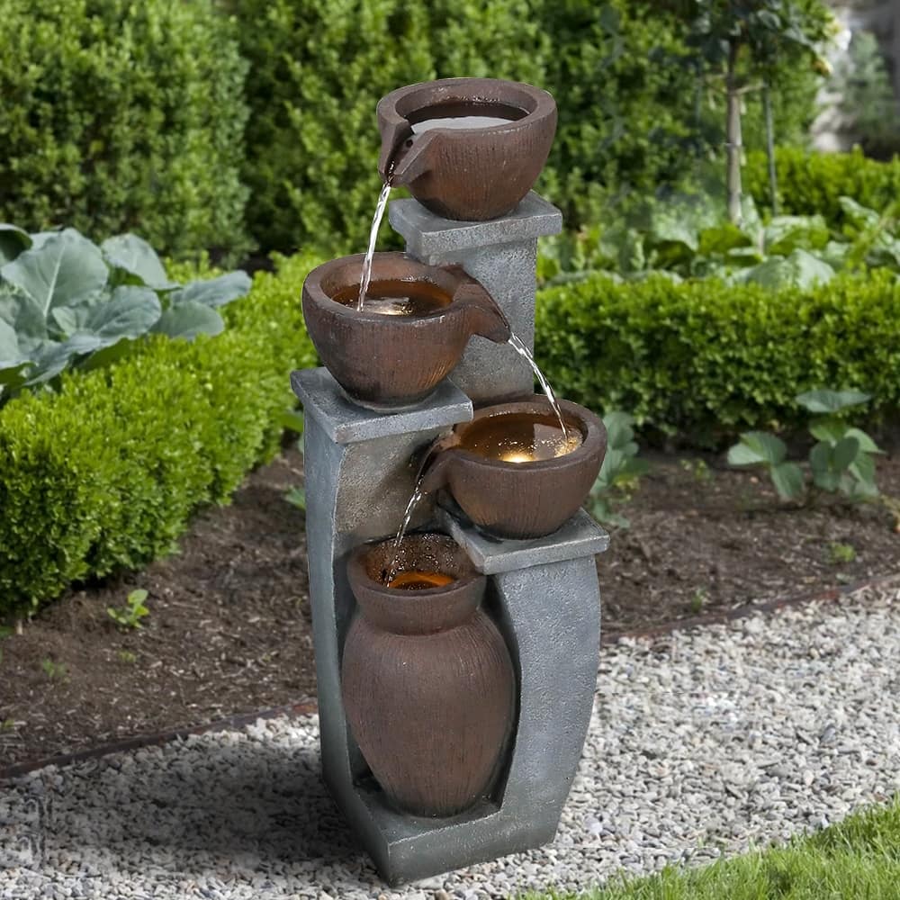 32.8''H 4-Tier Bowl Outdoor Water Fountains with LED Lights