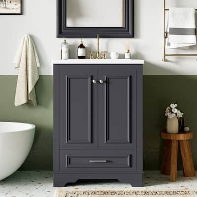24" Bathroom Vanity with Sink, Modern Gray-Blue MDF & Solid Wood Cabinet with 1 Drawer, Soft Closing Doors