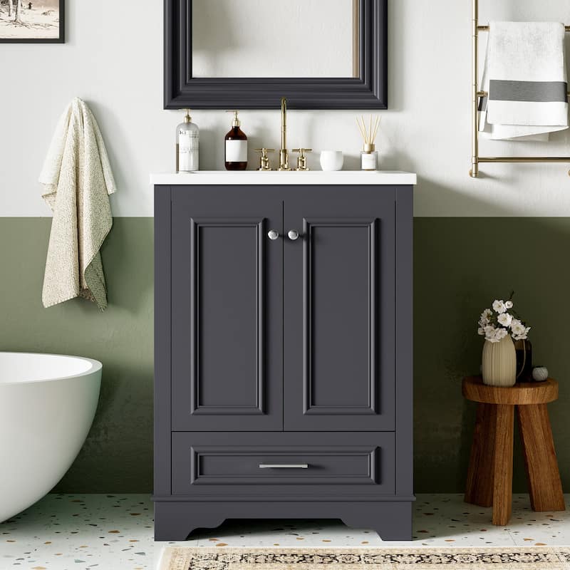 24'' Bathroom Vanity with Ceramic Sink Combo, Modern Freestanding Storage Cabinet with Silver Handles, Soft Closing Doors - Blue Gray