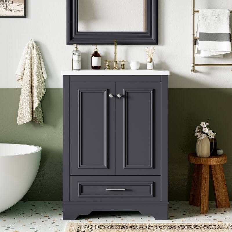 Bathroom Vanity with Sink, Bathroom Storage Cabinet with 1 Drawer and 2 Doors, Bathroom Vanities with Adjustable Shelf - Blue Gray