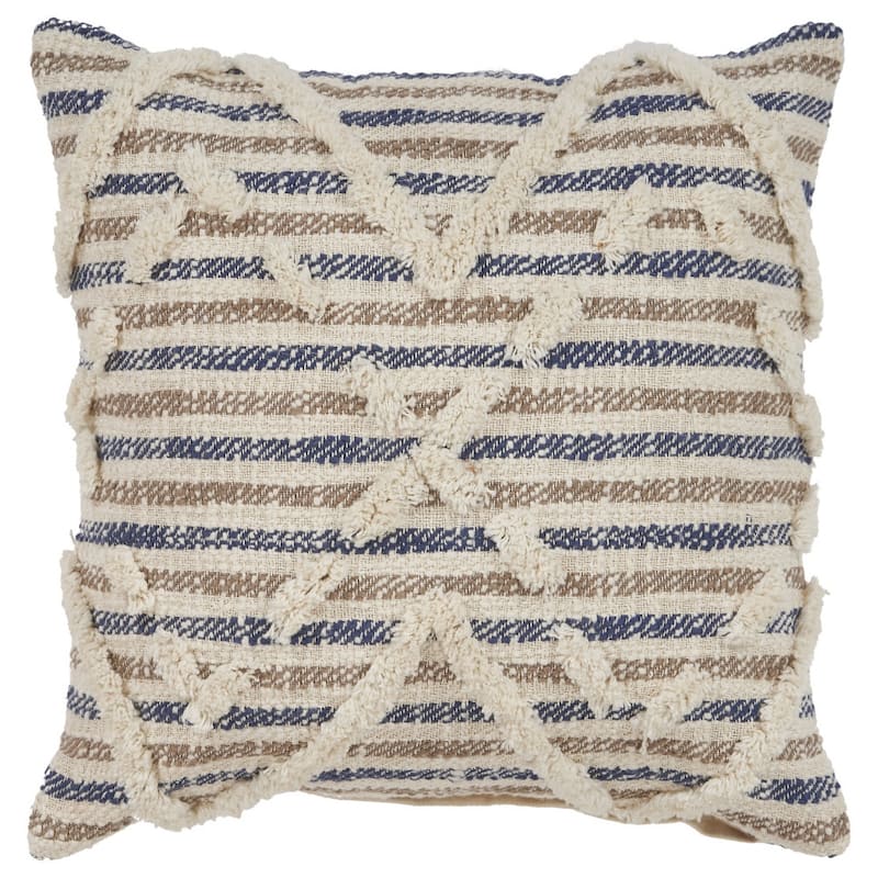 HomeRoots 18" X 18" Blue and Beige Striped Cotton Zippered Pillow