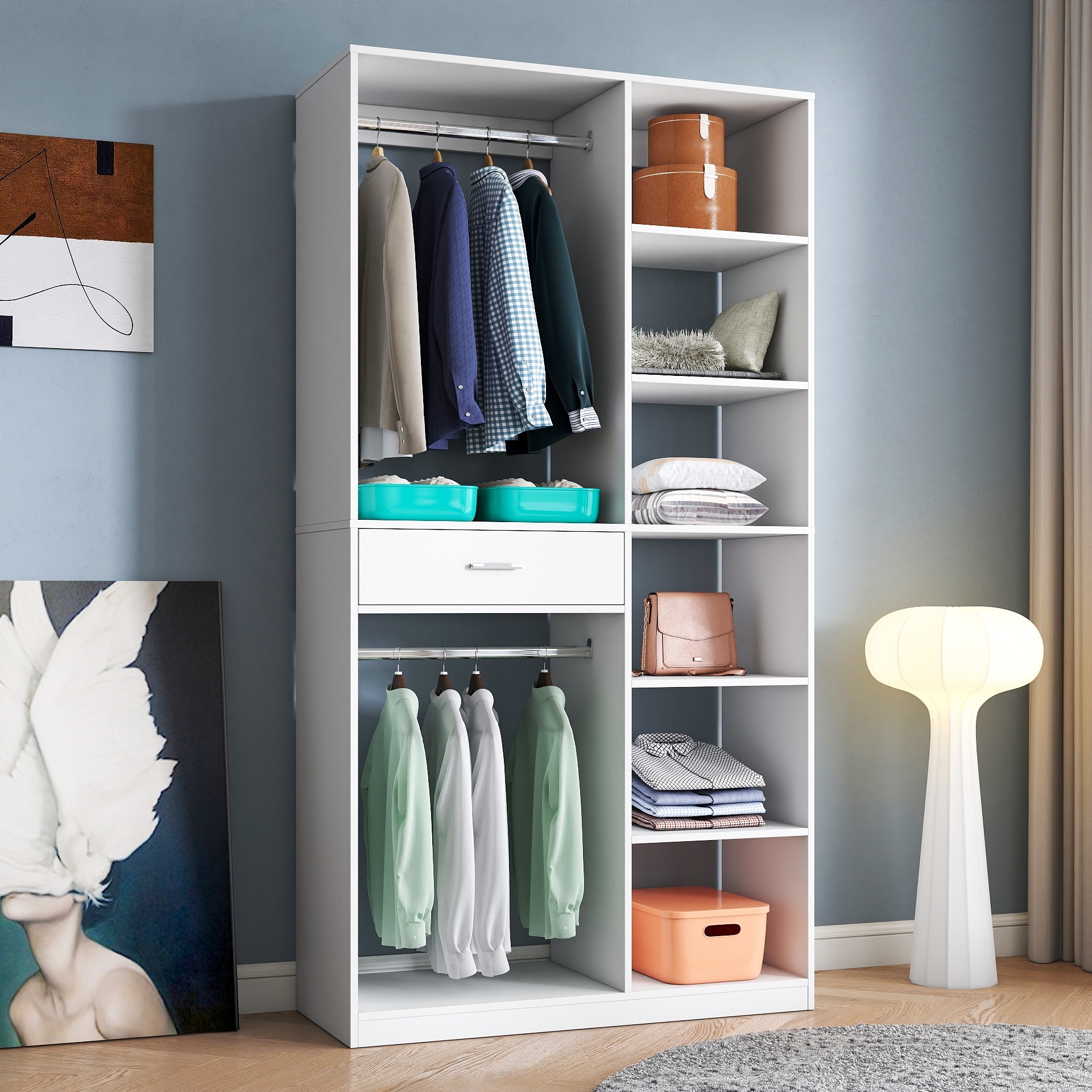 White Freestanding Closet Wardrobe with Open Shelves, Multi-Functional Wardrobe Rack with 2 Hanging Rods