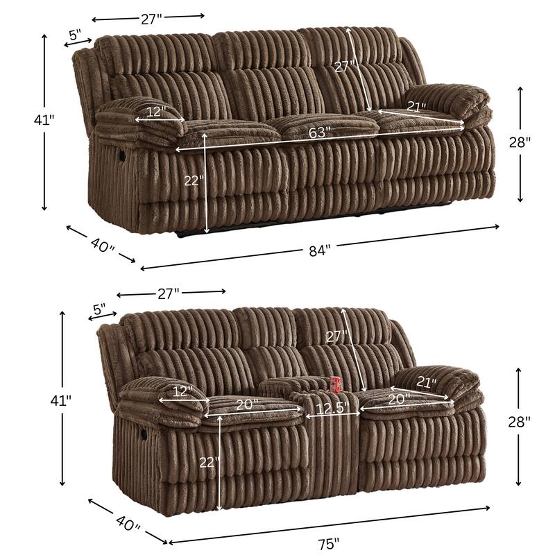 Roundhill Furniture Ardello 2-Piece Reclining Sofa Set, Corduroy Upholstery with Built-In Power Center, Chocolate