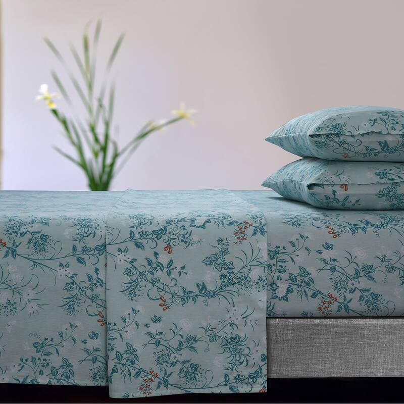 Soft 170-GSM Cotton Flannel Printed Extra Deep Pocket Sheet Set - Full - Katy Green