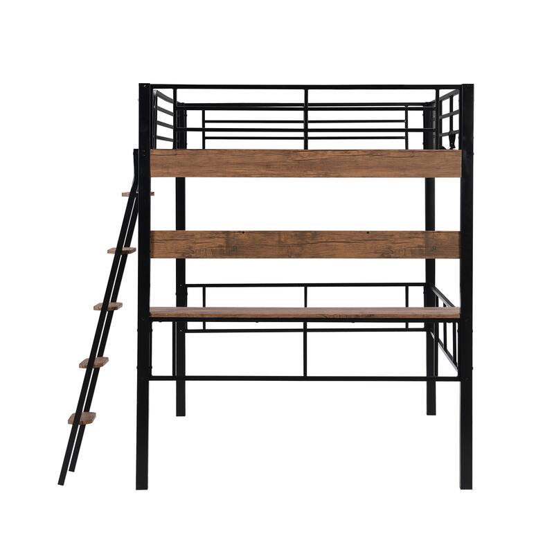 Full Size Metal Loft Bed with Built-in Desk and Storage Shelf, Black