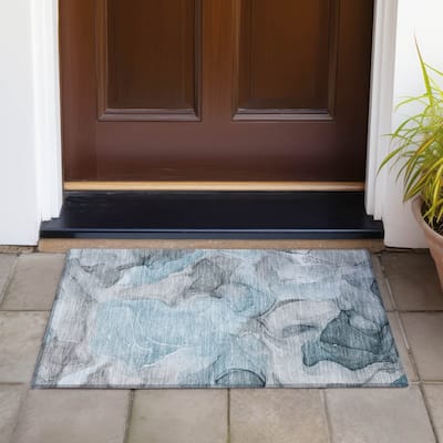 Machine Washable Indoor/ Outdoor Chantille Watercolor Teal Rug