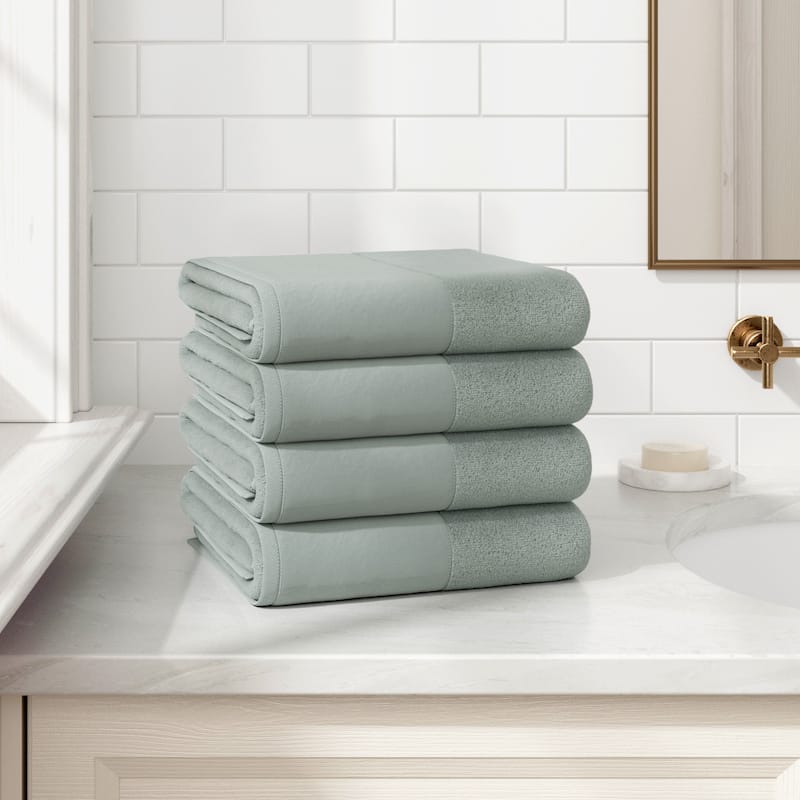 Linery & Co. Ultra-Soft Cotton and Linen Like Border Towel Set - Sage Green - Bath Towel (Pack of 4)