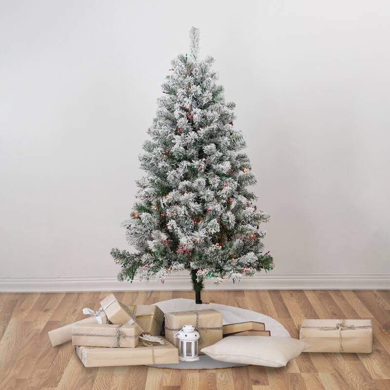 4.5' Flocked Madison Pine Artificial Christmas Tree, Multi Lights - 4.5 Foot
