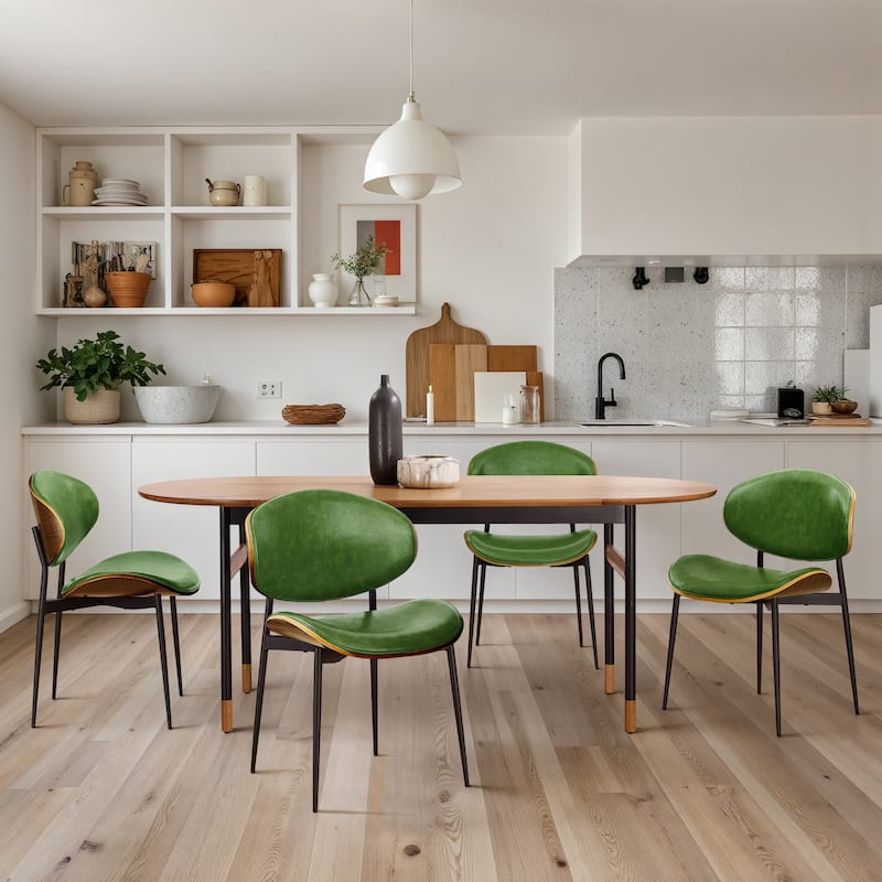 Art Leon Set of 4 Mid-century Wood and Faux Leather Dining Chairs - Green