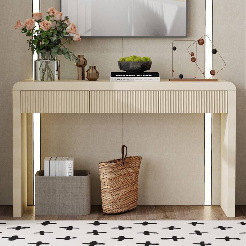 Rustic Console Table with 3 Fluted Drawers - Solid Wood Veneer Entryway Table Featuring Natural Wood Grain for Living Room - Apricot