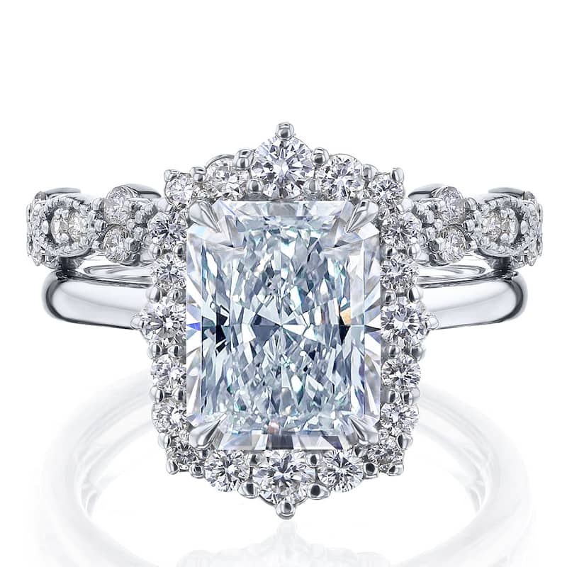 Kobelli 3.1 Carats Radiant Diamond 14k Solid Gold Rococo Halo Vintage Style Raen Bridal Rings 2pc Set (DEF/VS, Certified) - 5.5 - White