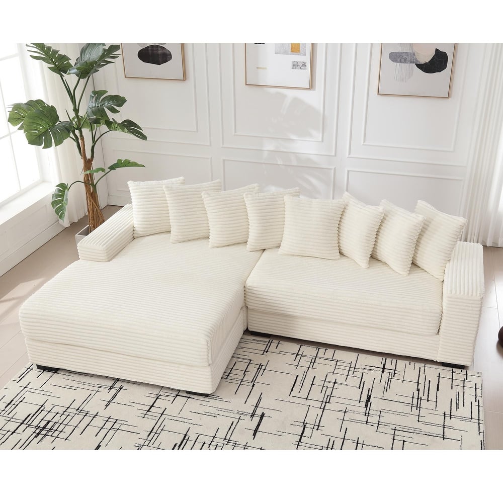 L Shaped Modular Sectional Sofa with Chaise, Oversized Corduroy Upholstered Sleeper Sofa, Floor Corner Sofa with Throw Pillows