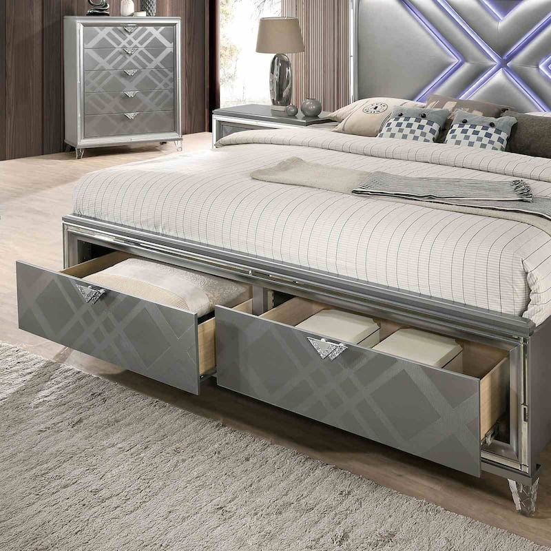 Modern Silver Finish 1PC LED Footboard Drawers Bed