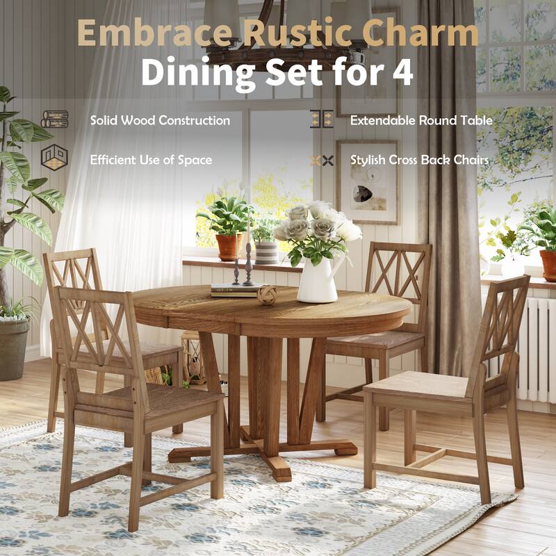 5-Piece Round Dining Set with Extendable Trestle Table and Cross Back Chairs, Rustic Farmhouse Style