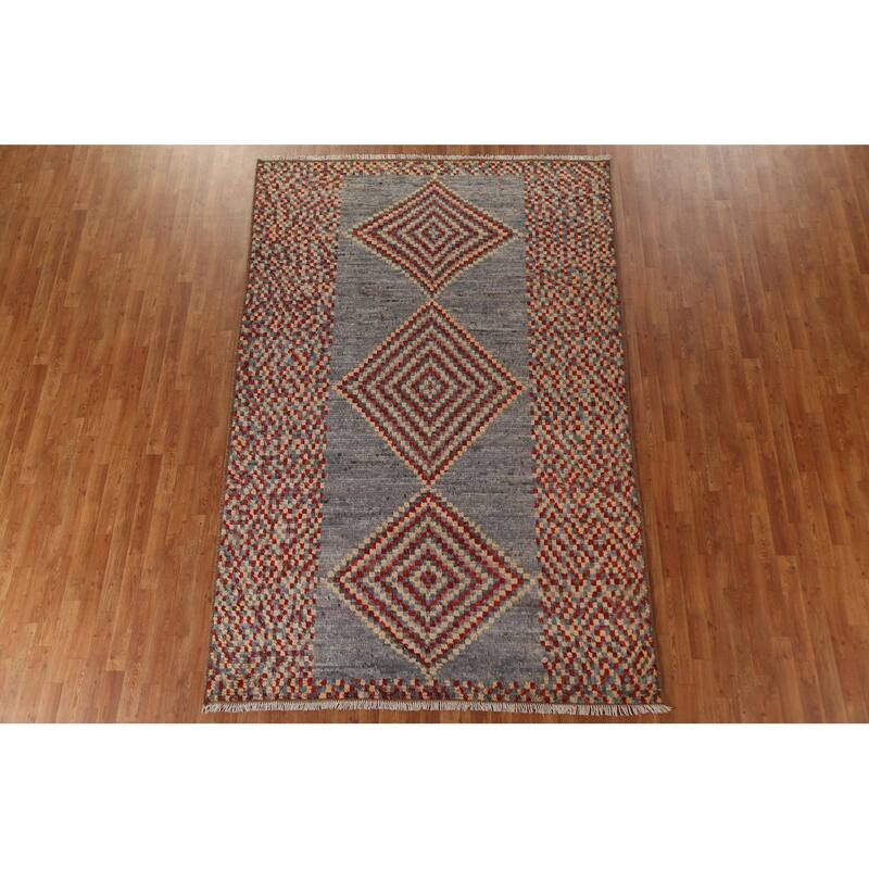 Hand Knotted Oriental 100% Wool Carpet Modern Geometric Greys & Charcoal Moroccan Area Rug - 9' 8'' X 6' 4''