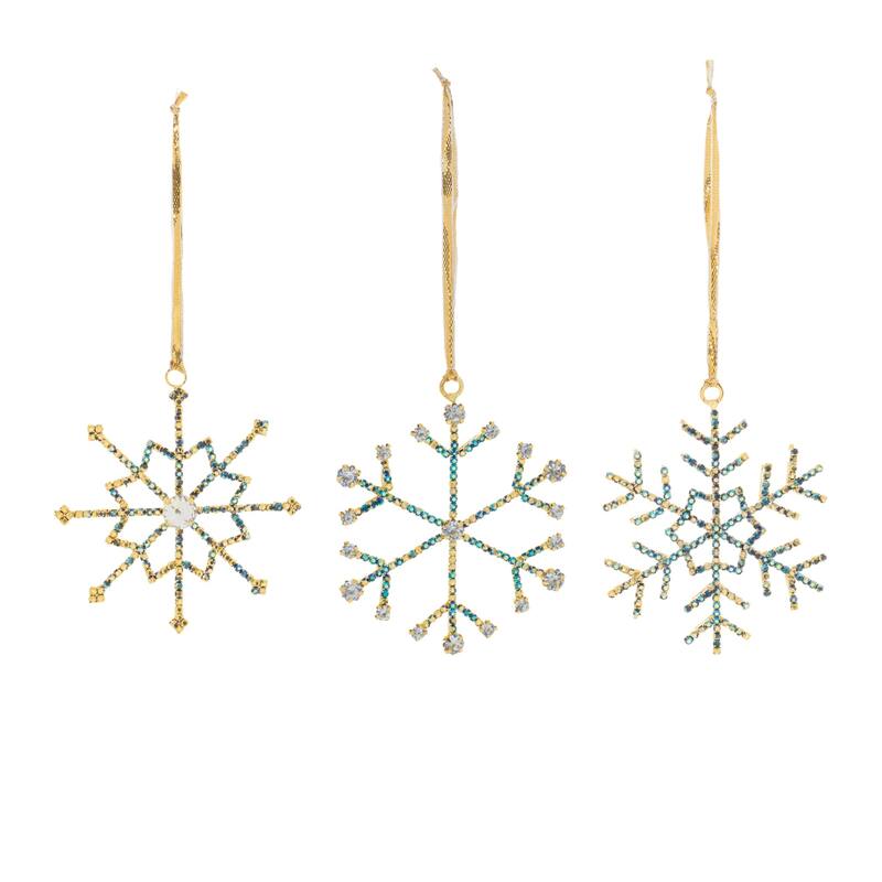 Jeweled Metal Snowflake Christmas Ornaments - 3.5" - Blue and Gold - 12ct