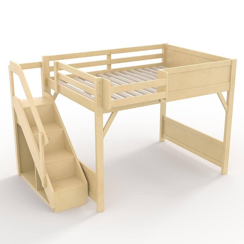 Full/Twin Loft Bed with Built-in Wardrobe, Storage & Stairs - Solid Wood, Full-Length Guardrails, No Box Spring