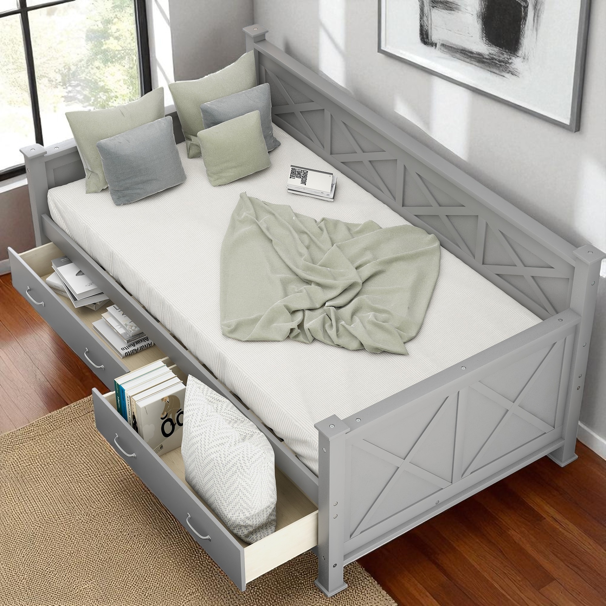 Twin Size Daybed with 2 Storage Drawers and X-Frame Design, Solid Wood and MDF Modern Rustic Bed