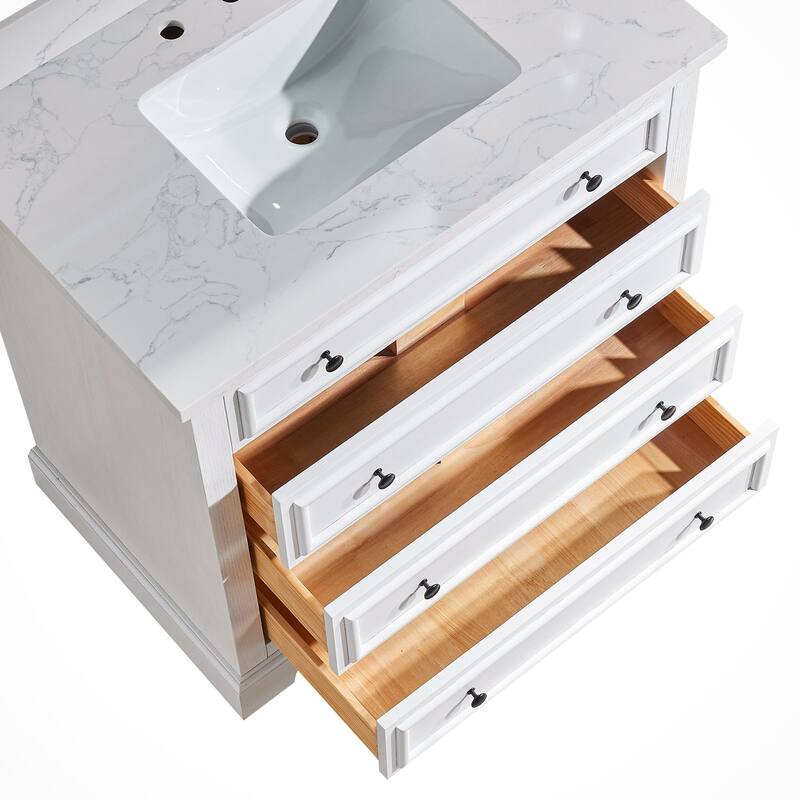 36 Inches Solid Wood Frame Freestanding Bathroom Vanity Set with Engineered Marble Top