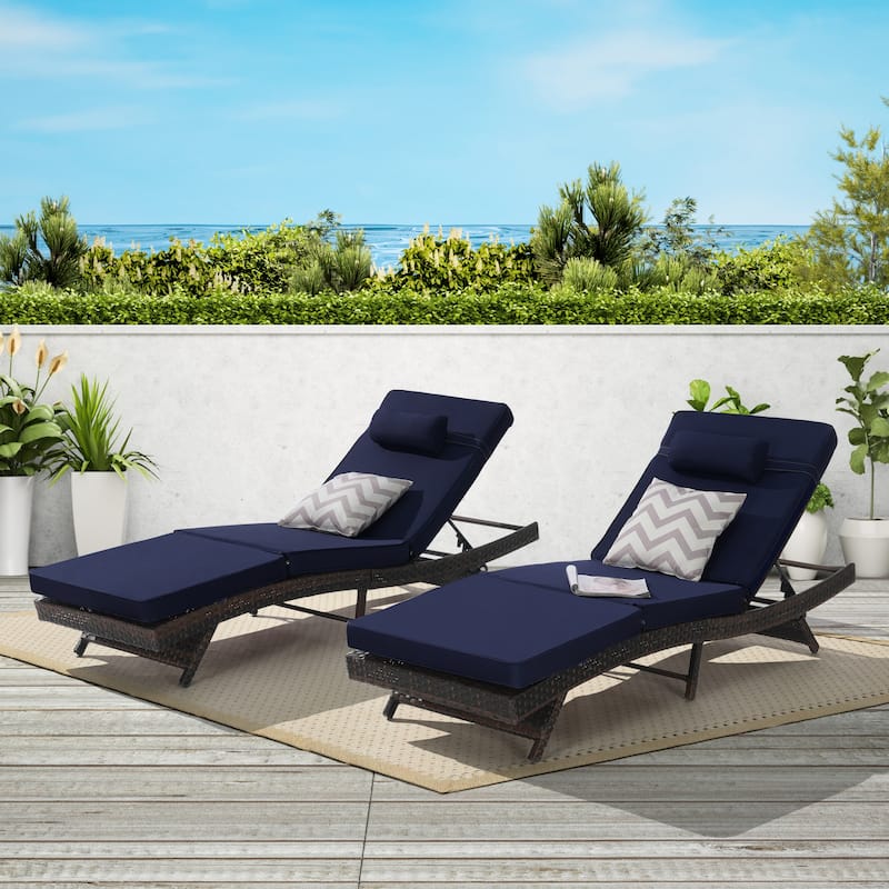 2 Piece Outdoor Wicker Long Reclining Chair Set, Sunbathing Recliner for Beach Poolside Garden