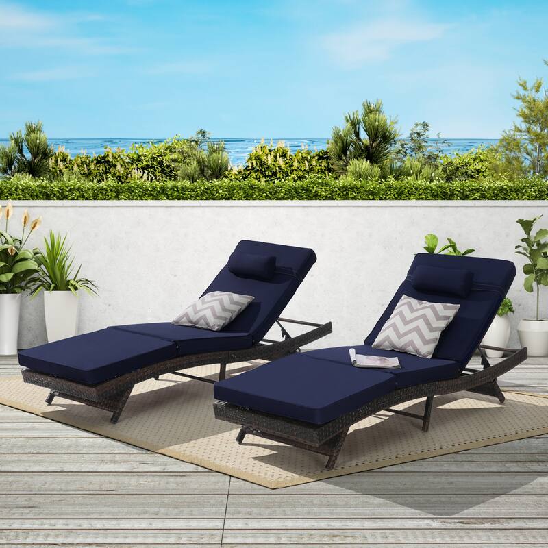 Outdoor Wicker Long Reclining Chair Set of 2, Wicker Reclining Lounge Chair Lawn Sunbathing Chairs for Beach Poolside Garden