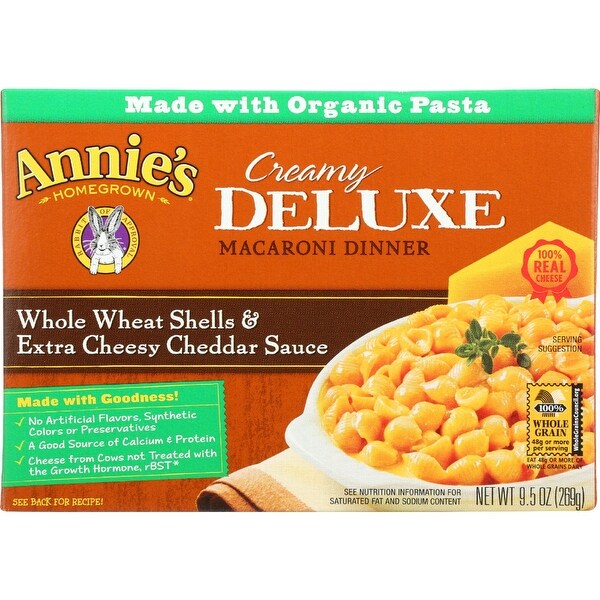Annies Homegrown Macaroni Dinner - Creamy Deluxe - Whole Wheat Shells and Extra Cheesy Cheddar Sauce - 9.5 oz - 12 Pack