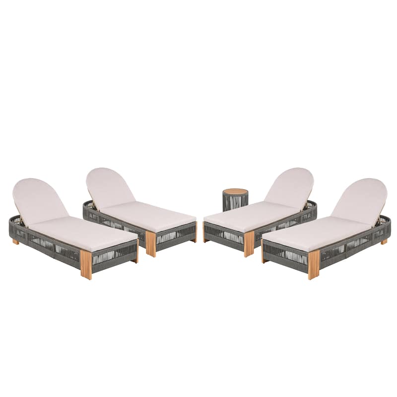 Christopher Knight Home - Eulalia Acacia Wood Outdoor Chaise Lounge With Cushion And 1 Table. - 5 Piece - Teak Look Wood + Grey Rope + Natural Iron