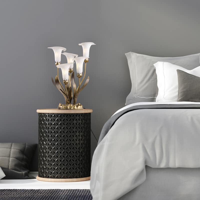 20-inch Antique Brass and Hand Blown Glass 5 Calla Lily Uplight Accent Lamp - 15" x 14" x 20"