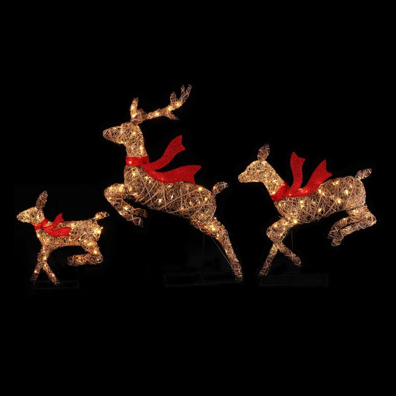 3-Piece Natural and Plastic Rattan Running Reindeer Holiday Decoration Set with Lights - Brown/Red