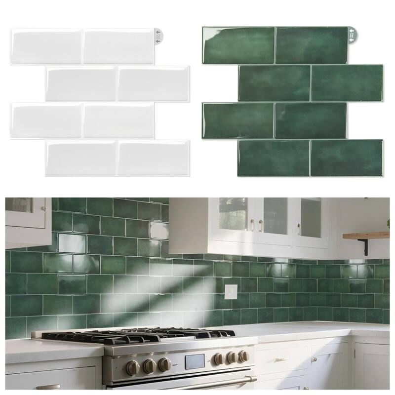 Art3d 10 Pieces Self-adhesive Thickened Backsplash Subway Tiles Green or White - 10.6inch x 12.6inch