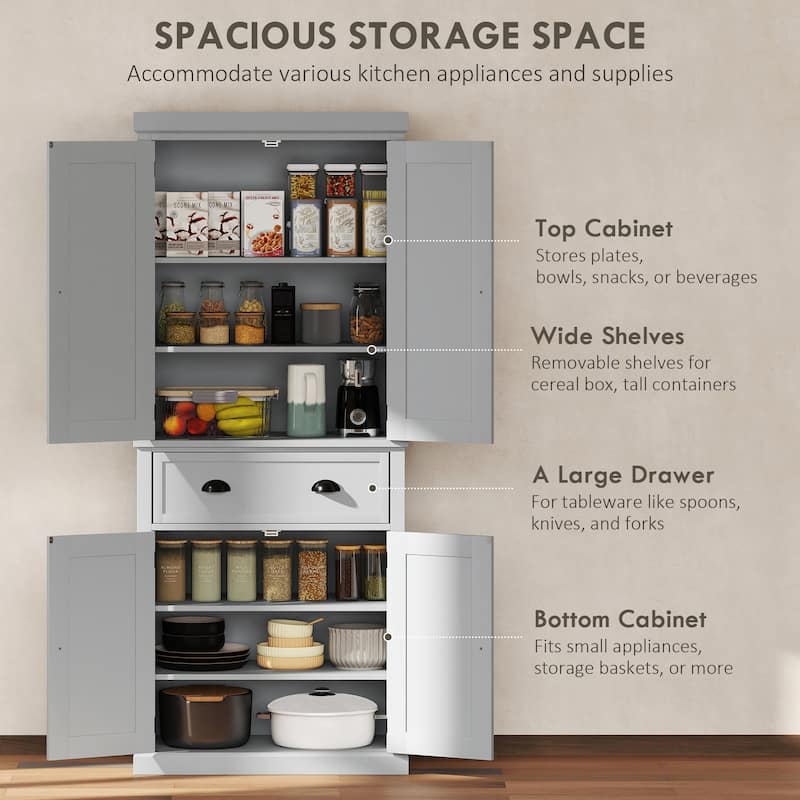 HOMCOM 72.5" Kitchen Pantry Cabinet, Traditional Freestanding Storage Cabinet with 4 Doors