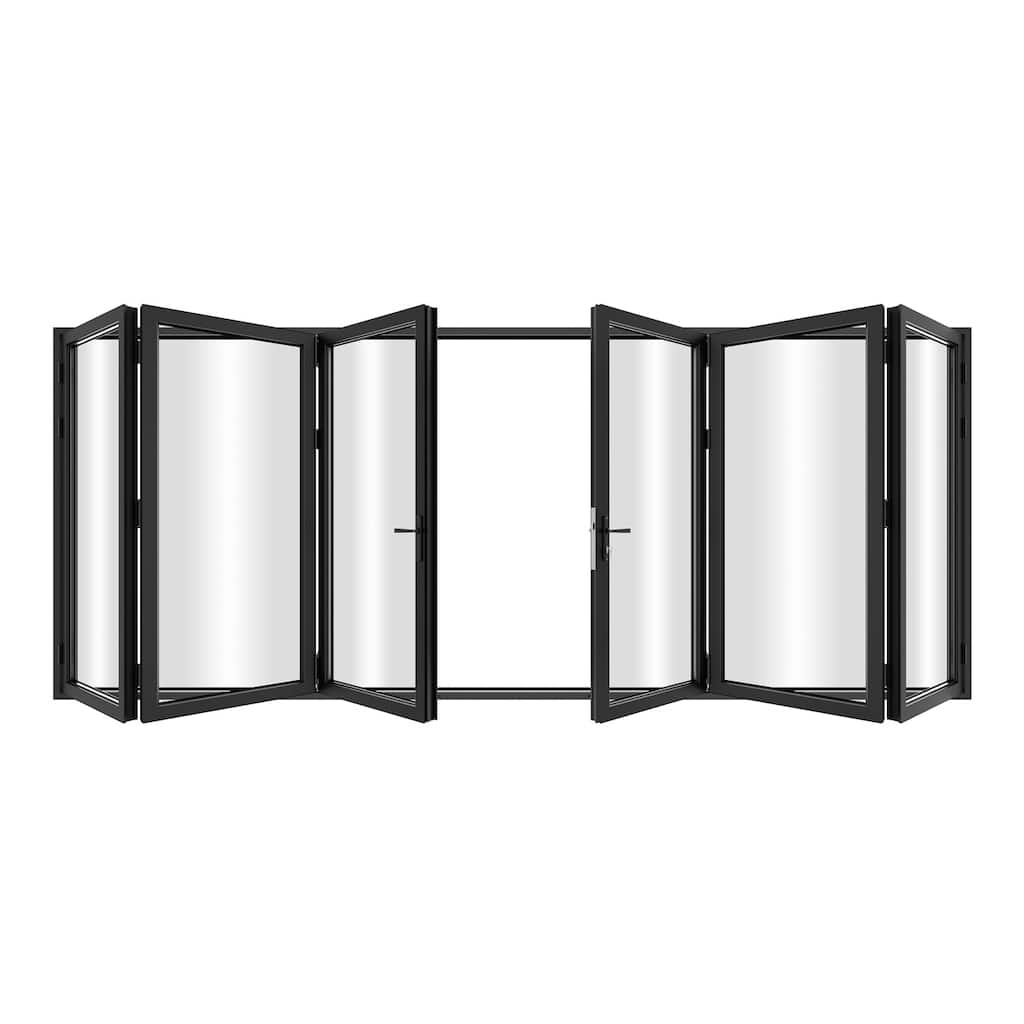 KaMic 192"×80" 6 Panels Aluminum Folding Door In Black,Folded Out From Dual Open Model #:FD6PBK19280-DO