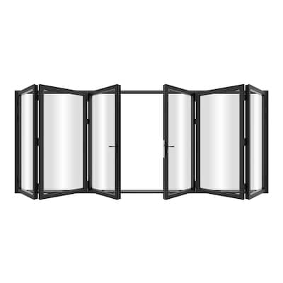 KaMic 192"×96" 6 Panels Aluminum Folding Door In Black,Folded Out From Dual Open Model #:FD6PBK19296-DO
