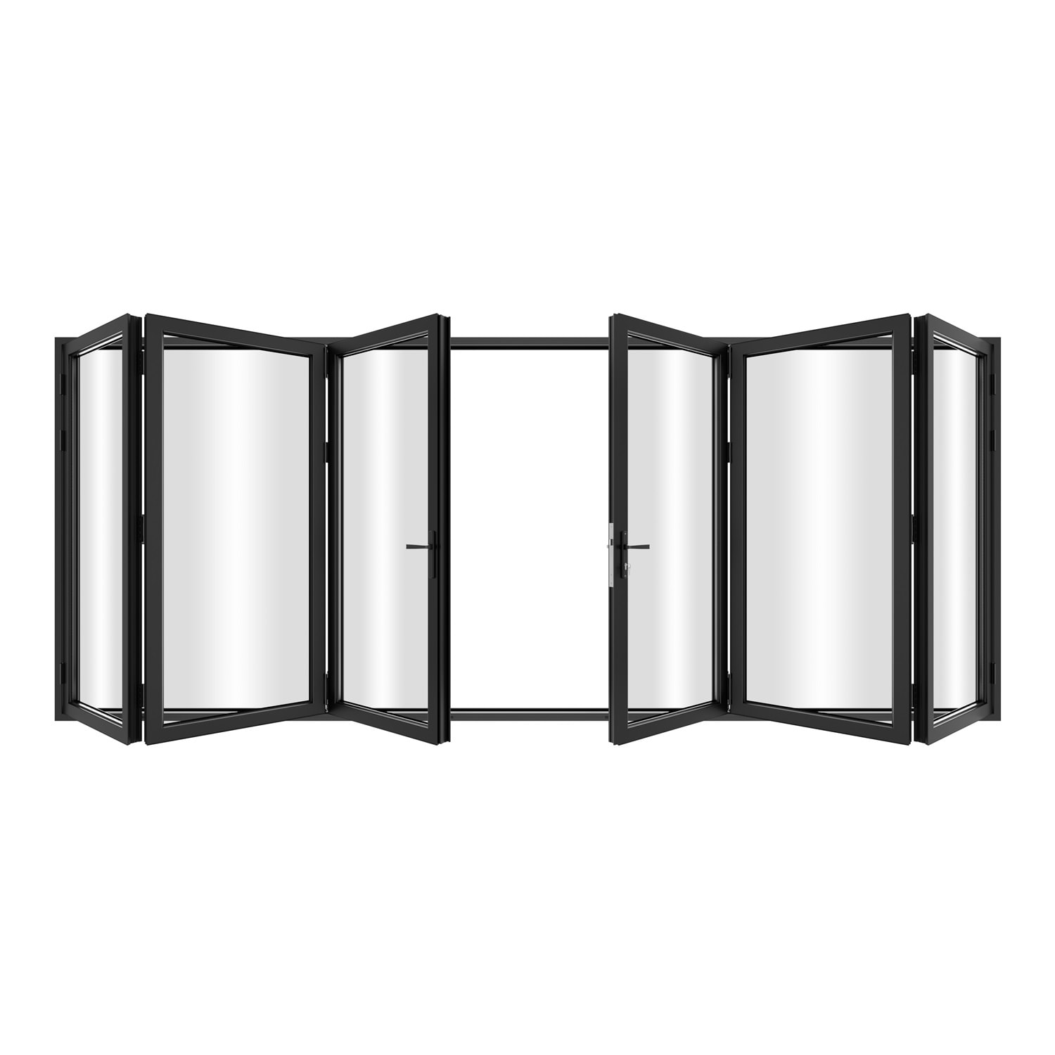 KaMic 192"×96" 6 Panels Aluminum Folding Door In Black,Folded Out From Dual Open Model #:FD6PBK19296-DO