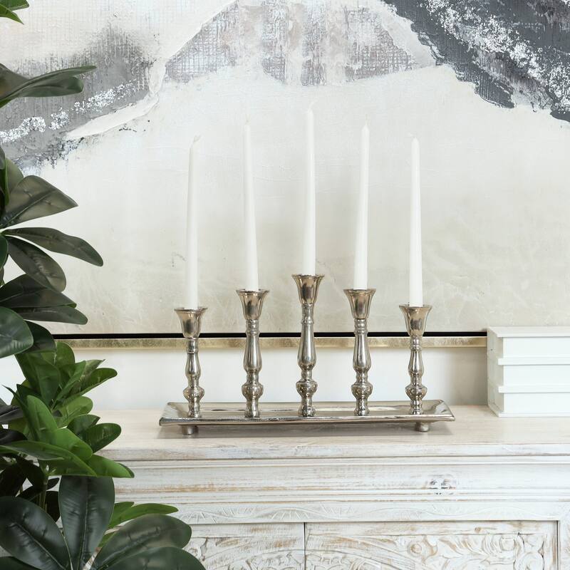 Silver Aluminum Candle Candelabra with Candle Plate - Silver - 16"W, 8"H