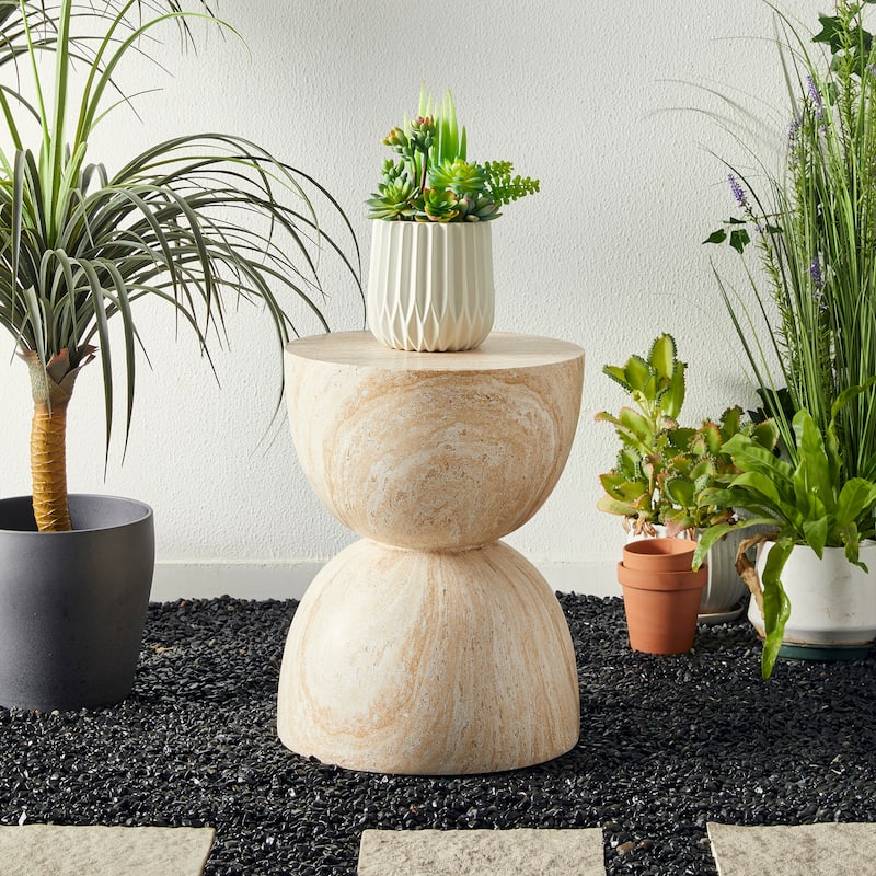 Glitzhome 17.75"H MGO Hourglass-Style Faux Travertine Garden Stool or Planter Stand or Accent Table