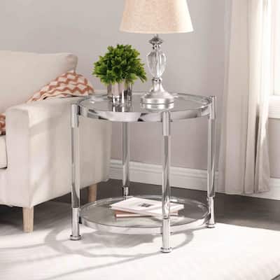Acrylic Coffee Table 2-Layers Round Glass Ins Silver Frame Living Room